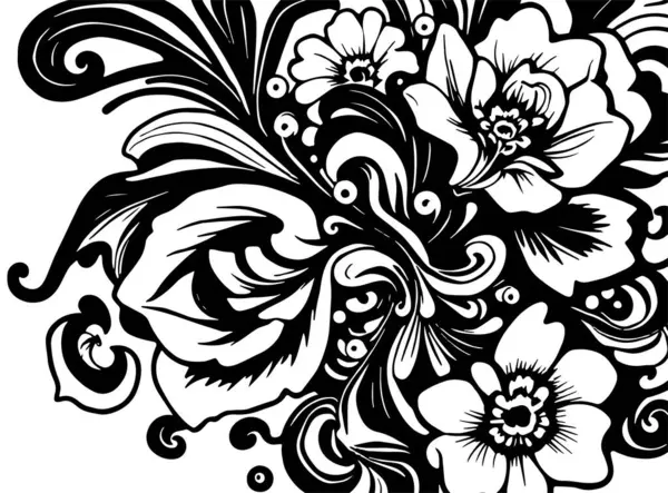 Dekoratif çiçek ve yapraklar arka planda girdap oluşturur. Dekoratif çiçeklerin ve kıvrımların arkaplan sanatı.