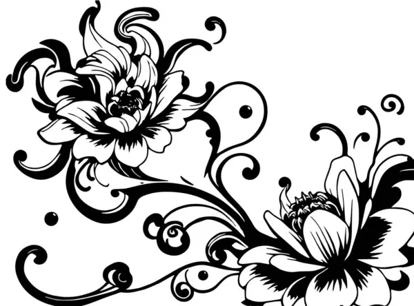 Dekoratif çiçek ve yapraklar arka planda girdap oluşturur. Dekoratif çiçeklerin ve kıvrımların arkaplan sanatı.