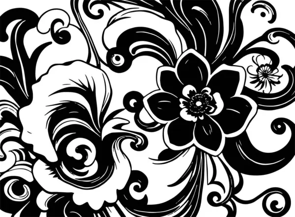 Dekoratif çiçek ve yapraklar arka planda girdap oluşturur. Dekoratif çiçeklerin ve kıvrımların arkaplan sanatı.