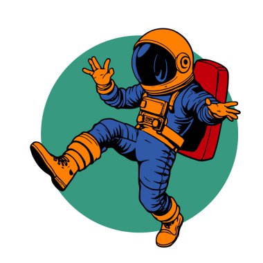 Retro titreşimli stilize edilmiş insan astronot. Uzay giysisi içinde oyuncu bir astronot. Galaktik Arkaplanda Komik Uzay Adamı