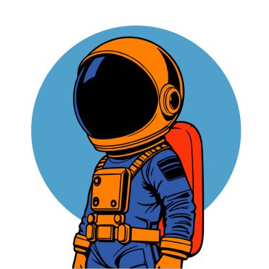 Retro titreşimli stilize edilmiş insan astronot. Uzay giysisi içinde oyuncu bir astronot. Galaktik Arkaplanda Komik Uzay Adamı