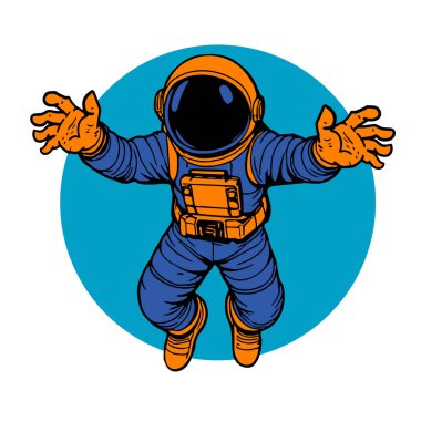 Retro titreşimli stilize edilmiş insan astronot. Uzay giysisi içinde oyuncu bir astronot. Galaktik Arkaplanda Komik Uzay Adamı