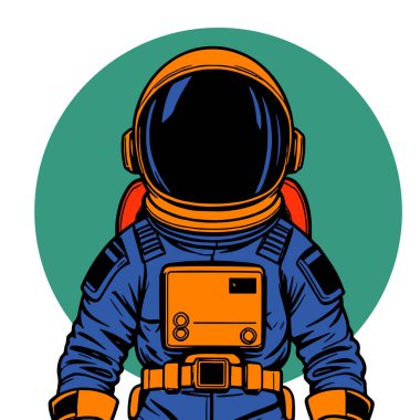 Retro titreşimli stilize edilmiş insan astronot. Uzay giysisi içinde oyuncu bir astronot. Galaktik Arkaplanda Komik Uzay Adamı