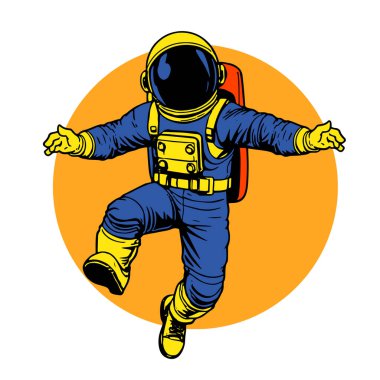 Retro titreşimli stilize edilmiş insan astronot. Uzay giysisi içinde oyuncu bir astronot. Galaktik Arkaplanda Komik Uzay Adamı