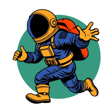 Retro titreşimli stilize edilmiş insan astronot. Uzay giysisi içinde oyuncu bir astronot. Galaktik Arkaplanda Komik Uzay Adamı