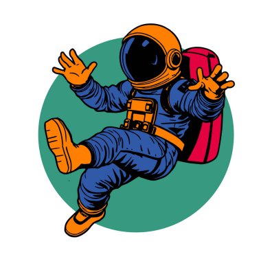 Retro titreşimli stilize edilmiş insan astronot. Uzay giysisi içinde oyuncu bir astronot. Galaktik Arkaplanda Komik Uzay Adamı