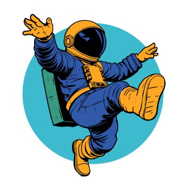 Retro titreşimli stilize edilmiş insan astronot. Uzay giysisi içinde oyuncu bir astronot. Galaktik Arkaplanda Komik Uzay Adamı