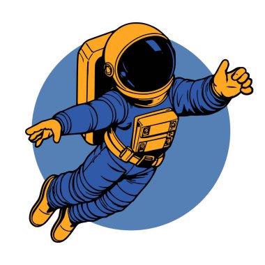 Retro titreşimli stilize edilmiş insan astronot. Uzay giysisi içinde oyuncu bir astronot. Galaktik Arkaplanda Komik Uzay Adamı
