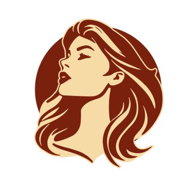 Çağdaş Salon Logoları 'na uygun cesur dalgalı saç çizgileri olan kadın portresi. Romantik Dalgalı Saçlı Bir Kadının Tek Renkli Çizimi, Retro Güzellik Markaları İçin Harika.