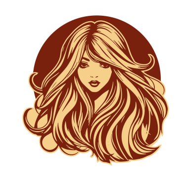 Çağdaş Salon Logoları 'na uygun cesur dalgalı saç çizgileri olan kadın portresi. Romantik Dalgalı Saçlı Bir Kadının Tek Renkli Çizimi, Retro Güzellik Markaları İçin Harika.