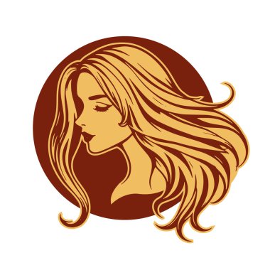 Çağdaş Salon Logoları 'na uygun cesur dalgalı saç çizgileri olan kadın portresi. Romantik Dalgalı Saçlı Bir Kadının Tek Renkli Çizimi, Retro Güzellik Markaları İçin Harika.
