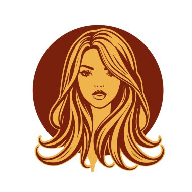 Çağdaş Salon Logoları 'na uygun cesur dalgalı saç çizgileri olan kadın portresi. Romantik Dalgalı Saçlı Bir Kadının Tek Renkli Çizimi, Retro Güzellik Markaları İçin Harika.