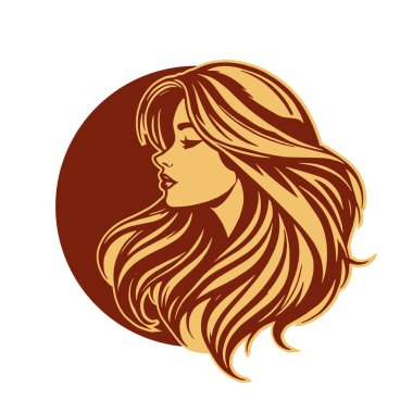 Çağdaş Salon Logoları 'na uygun cesur dalgalı saç çizgileri olan kadın portresi. Romantik Dalgalı Saçlı Bir Kadının Tek Renkli Çizimi, Retro Güzellik Markaları İçin Harika.