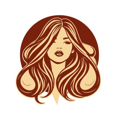 Çağdaş Salon Logoları 'na uygun cesur dalgalı saç çizgileri olan kadın portresi. Romantik Dalgalı Saçlı Bir Kadının Tek Renkli Çizimi, Retro Güzellik Markaları İçin Harika.