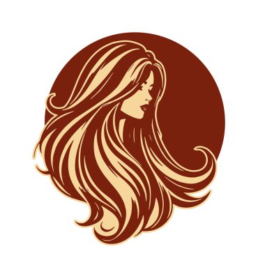 Çağdaş Salon Logoları 'na uygun cesur dalgalı saç çizgileri olan kadın portresi. Romantik Dalgalı Saçlı Bir Kadının Tek Renkli Çizimi, Retro Güzellik Markaları İçin Harika.