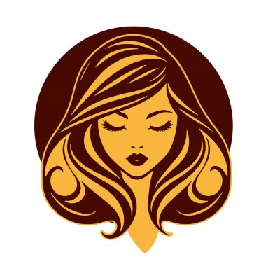 Çağdaş Salon Logoları 'na uygun cesur dalgalı saç çizgileri olan kadın portresi. Romantik Dalgalı Saçlı Bir Kadının Tek Renkli Çizimi, Retro Güzellik Markaları İçin Harika.