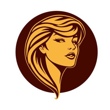 Çağdaş Salon Logoları 'na uygun cesur dalgalı saç çizgileri olan kadın portresi. Romantik Dalgalı Saçlı Bir Kadının Tek Renkli Çizimi, Retro Güzellik Markaları İçin Harika.