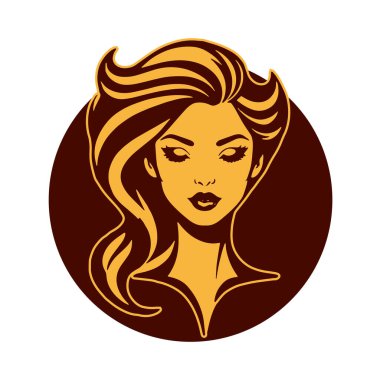 Çağdaş Salon Logoları 'na uygun cesur dalgalı saç çizgileri olan kadın portresi. Romantik Dalgalı Saçlı Bir Kadının Tek Renkli Çizimi, Retro Güzellik Markaları İçin Harika.