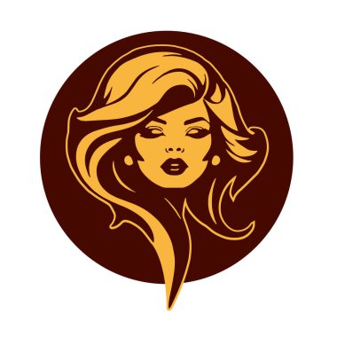 Çağdaş Salon Logoları 'na uygun cesur dalgalı saç çizgileri olan kadın portresi. Romantik Dalgalı Saçlı Bir Kadının Tek Renkli Çizimi, Retro Güzellik Markaları İçin Harika.