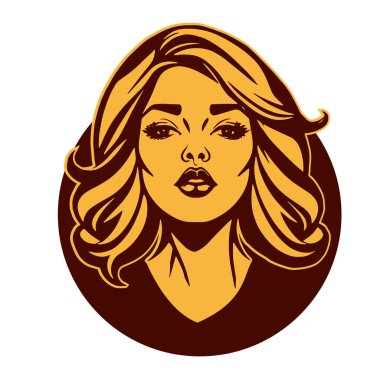 Çağdaş Salon Logoları 'na uygun cesur dalgalı saç çizgileri olan kadın portresi. Romantik Dalgalı Saçlı Bir Kadının Tek Renkli Çizimi, Retro Güzellik Markaları İçin Harika.