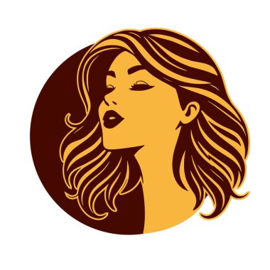 Çağdaş Salon Logoları 'na uygun cesur dalgalı saç çizgileri olan kadın portresi. Romantik Dalgalı Saçlı Bir Kadının Tek Renkli Çizimi, Retro Güzellik Markaları İçin Harika.