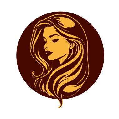 Çağdaş Salon Logoları 'na uygun cesur dalgalı saç çizgileri olan kadın portresi. Romantik Dalgalı Saçlı Bir Kadının Tek Renkli Çizimi, Retro Güzellik Markaları İçin Harika.