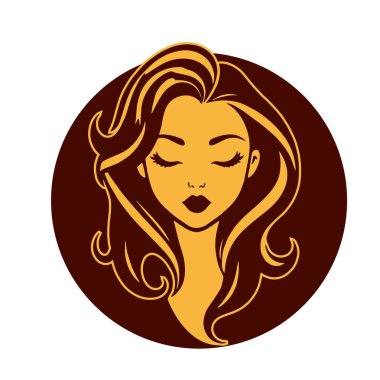 Çağdaş Salon Logoları 'na uygun cesur dalgalı saç çizgileri olan kadın portresi. Romantik Dalgalı Saçlı Bir Kadının Tek Renkli Çizimi, Retro Güzellik Markaları İçin Harika.