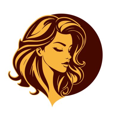 Çağdaş Salon Logoları 'na uygun cesur dalgalı saç çizgileri olan kadın portresi. Romantik Dalgalı Saçlı Bir Kadının Tek Renkli Çizimi, Retro Güzellik Markaları İçin Harika.