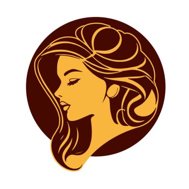 Çağdaş Salon Logoları 'na uygun cesur dalgalı saç çizgileri olan kadın portresi. Romantik Dalgalı Saçlı Bir Kadının Tek Renkli Çizimi, Retro Güzellik Markaları İçin Harika.