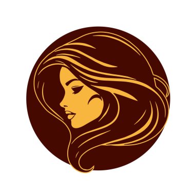 Çağdaş Salon Logoları 'na uygun cesur dalgalı saç çizgileri olan kadın portresi. Romantik Dalgalı Saçlı Bir Kadının Tek Renkli Çizimi, Retro Güzellik Markaları İçin Harika.
