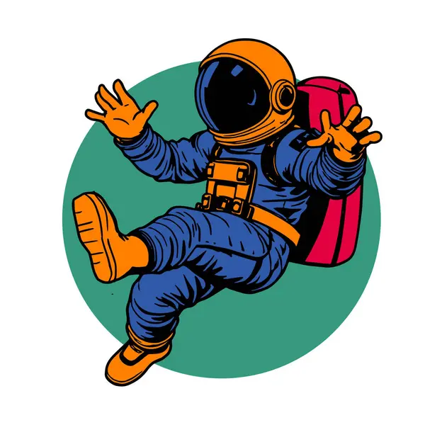 Retro titreşimli stilize edilmiş insan astronot. Uzay giysisi içinde oyuncu bir astronot. Galaktik Arkaplanda Komik Uzay Adamı