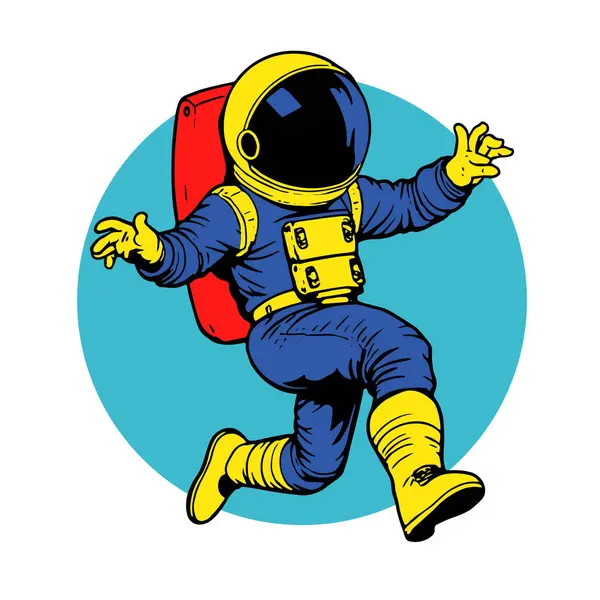 Retro titreşimli stilize edilmiş insan astronot. Uzay giysisi içinde oyuncu bir astronot. Galaktik Arkaplanda Komik Uzay Adamı