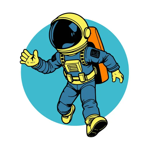 Retro titreşimli stilize edilmiş insan astronot. Uzay giysisi içinde oyuncu bir astronot. Galaktik Arkaplanda Komik Uzay Adamı