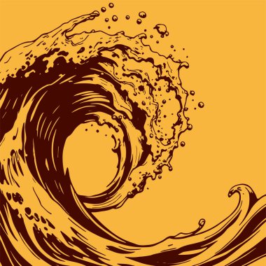 Okyanus dalgası illüstrasyon vektör sanatı. Tek renkli sanatta denizin büyük dalgaları.
