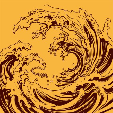 Okyanus dalgası illüstrasyon vektör sanatı. Tek renkli sanatta denizin büyük dalgaları.