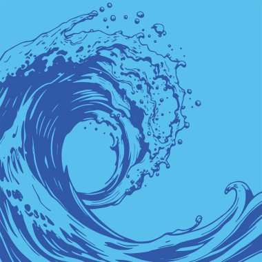 Okyanus dalgası illüstrasyon vektör sanatı. Tek renkli sanatta denizin büyük dalgaları.