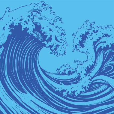Okyanus dalgası illüstrasyon vektör sanatı. Tek renkli sanatta denizin büyük dalgaları.