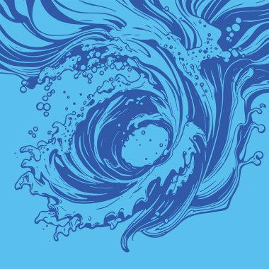 Okyanus dalgası illüstrasyon vektör sanatı. Tek renkli sanatta denizin büyük dalgaları.