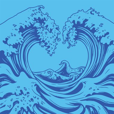 Okyanus dalgası illüstrasyon vektör sanatı. Tek renkli sanatta denizin büyük dalgaları.