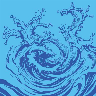 Okyanus dalgası illüstrasyon vektör sanatı. Tek renkli sanatta denizin büyük dalgaları.