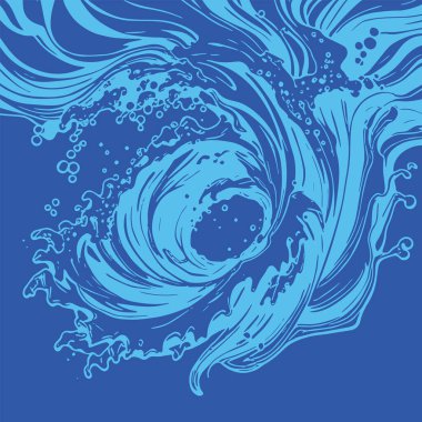 Okyanus dalgası illüstrasyon vektör sanatı. Tek renkli sanatta denizin büyük dalgaları.