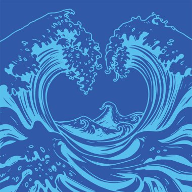 Okyanus dalgası illüstrasyon vektör sanatı. Tek renkli sanatta denizin büyük dalgaları.
