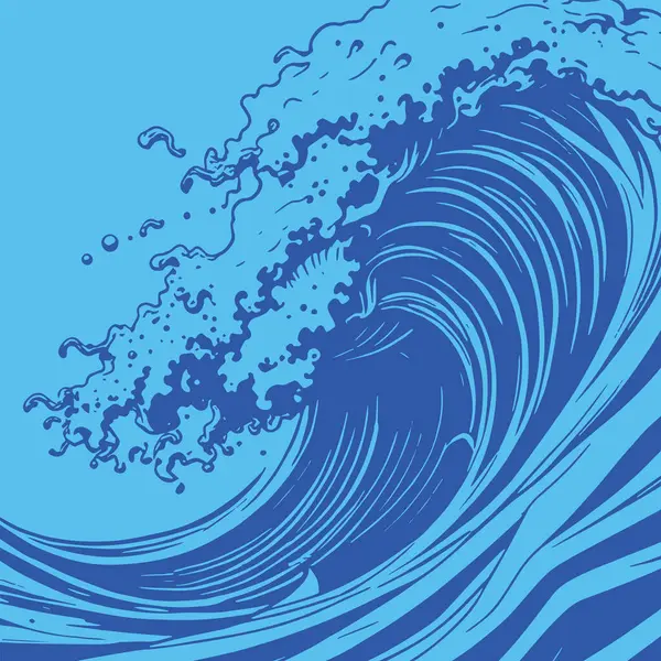 Okyanus dalgası illüstrasyon vektör sanatı. Tek renkli sanatta denizin büyük dalgaları.