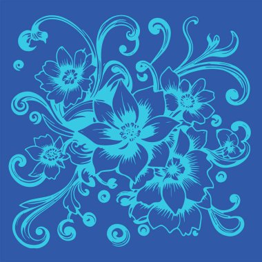 Dekoratif çiçek ve yapraklar arka planda girdap oluşturur. Dekoratif çiçeklerin ve kıvrımların arkaplan sanatı.