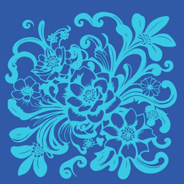 Dekoratif çiçek ve yapraklar arka planda girdap oluşturur. Dekoratif çiçeklerin ve kıvrımların arkaplan sanatı.