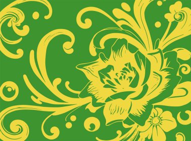 Dekoratif çiçek ve yapraklar arka planda girdap oluşturur. Dekoratif çiçeklerin ve kıvrımların arkaplan sanatı.