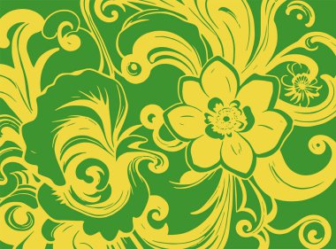 Dekoratif çiçek ve yapraklar arka planda girdap oluşturur. Dekoratif çiçeklerin ve kıvrımların arkaplan sanatı.