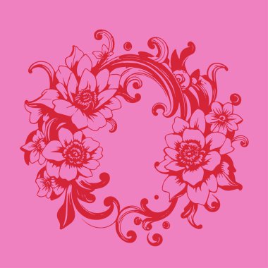 Dekoratif çiçek ve yapraklar arka planda girdap oluşturur. Dekoratif çiçeklerin ve kıvrımların arkaplan sanatı.