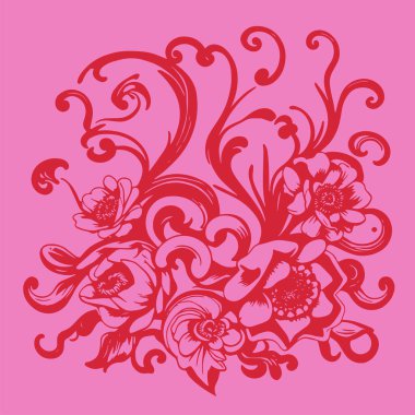 Dekoratif çiçek ve yapraklar arka planda girdap oluşturur. Dekoratif çiçeklerin ve kıvrımların arkaplan sanatı.