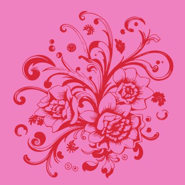 Dekoratif çiçek ve yapraklar arka planda girdap oluşturur. Dekoratif çiçeklerin ve kıvrımların arkaplan sanatı.